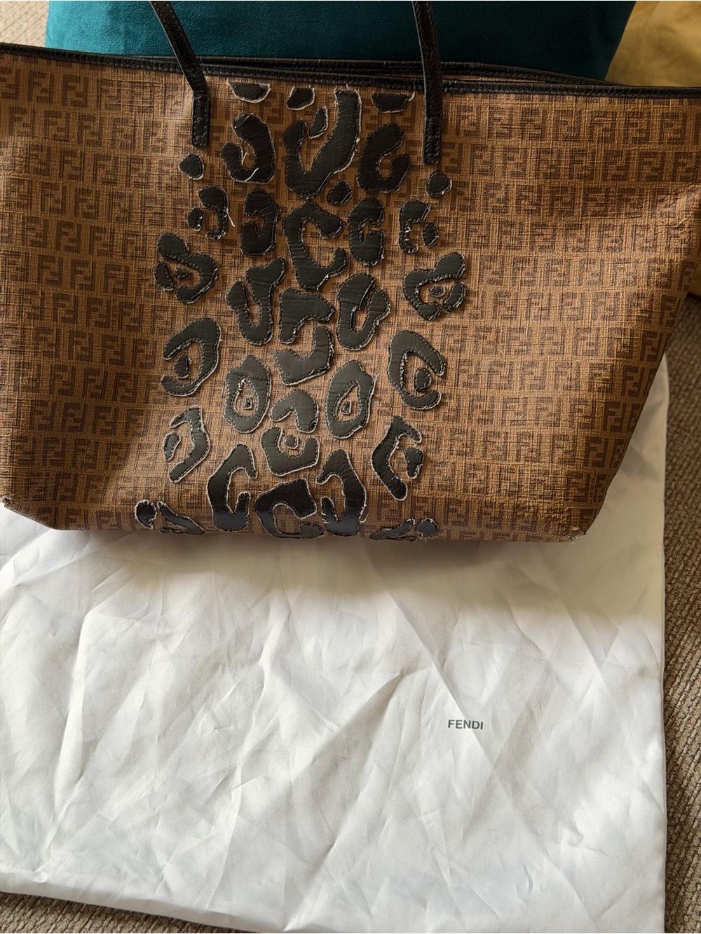Fendi Tobacco Zucchino Tote with Black Leopard Appliqué - Rare!!